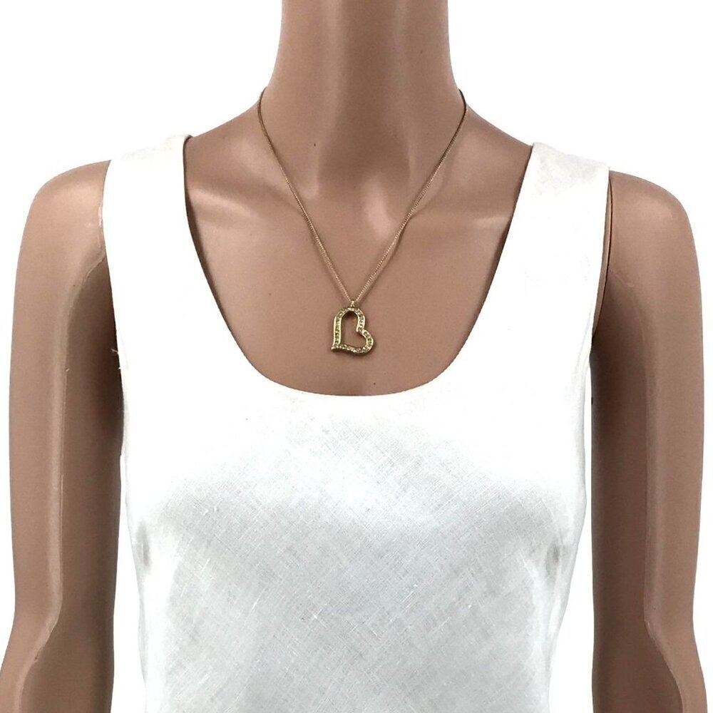 Heart Pendant Necklace Gold Tone Rhinestone Inlay Adjustable Length - Picture 4 of 4